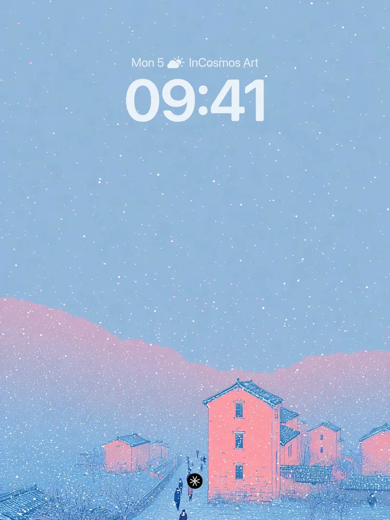 Serene Winter Village Wallpaper with Pink-Hued Homes