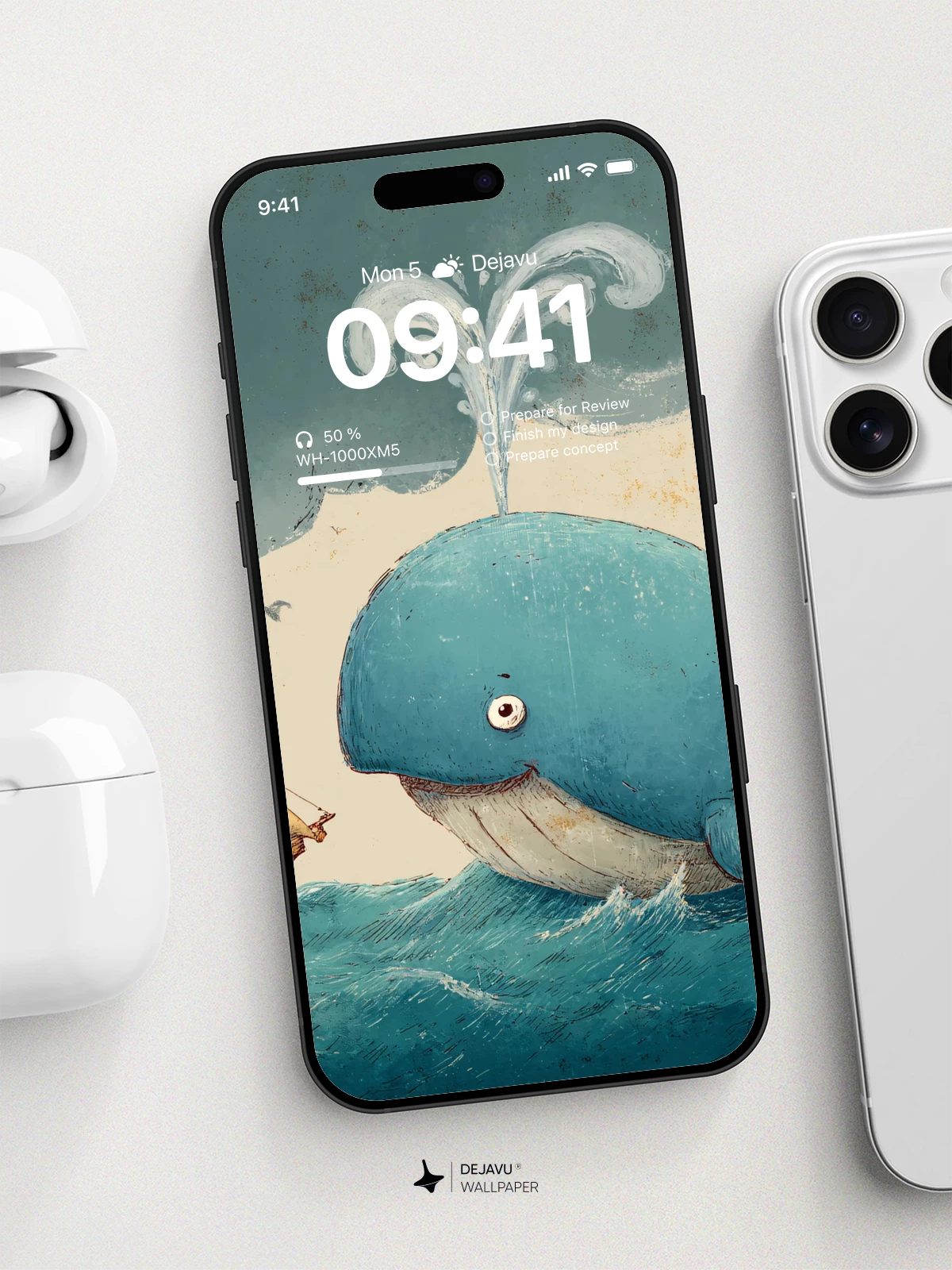 Vintage Blue Whale and Ship Illustration Wallpaper 8K