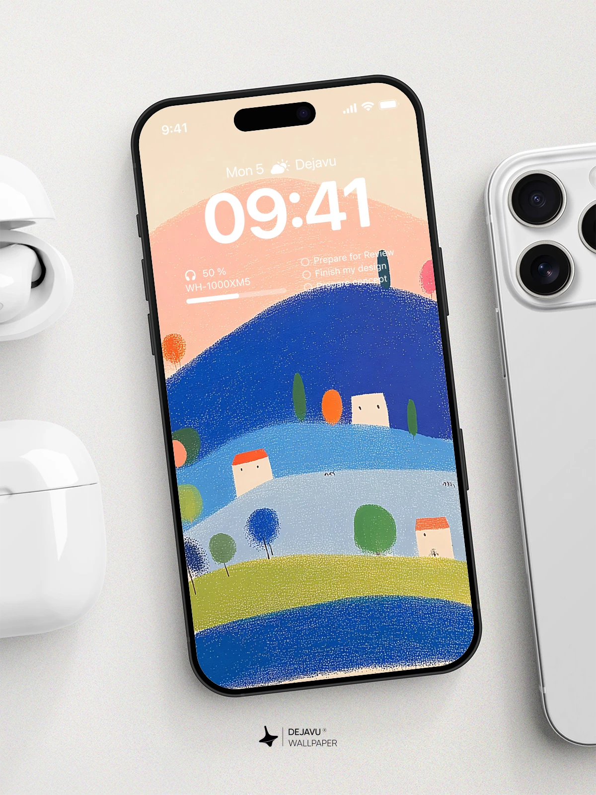 Soft Pastel Hillside Village Wallpaper 8K