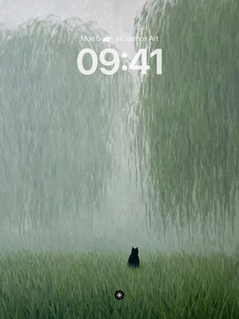 Serene Willow Mist Wallpaper with Solitary Cat