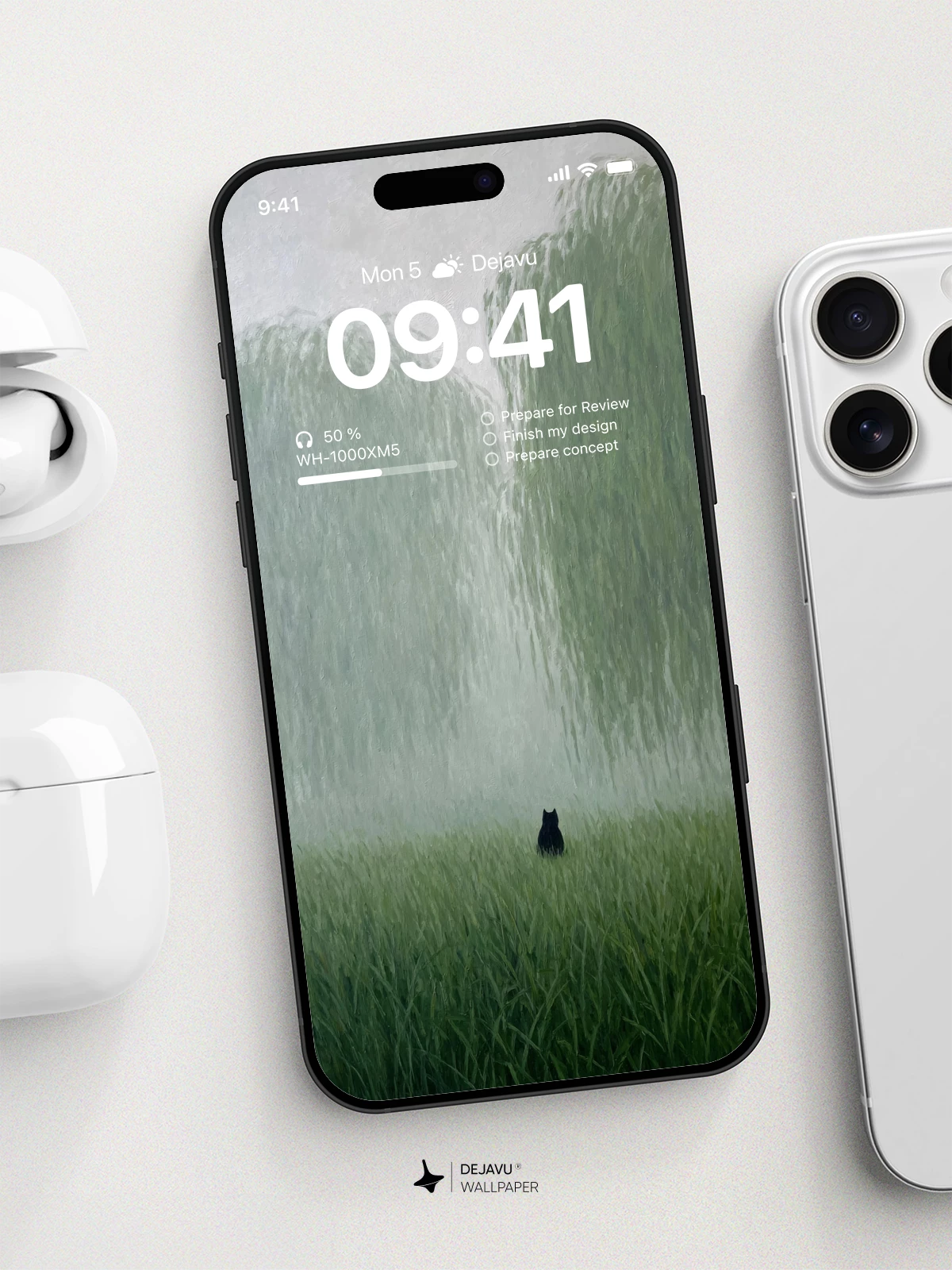 Black Cat in Willow Mist 8K Wallpaper for iPhone & Android