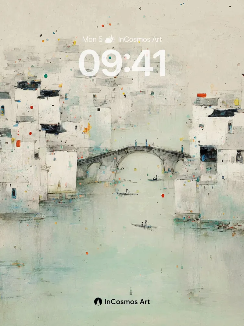 Serene Watercolor Village Wallpaper with Soft Haze