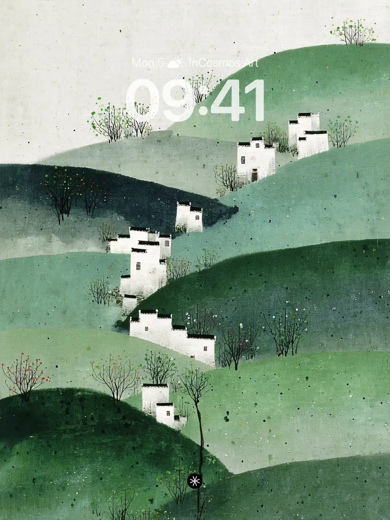 Serene Hillside Village Wallpaper in Ink Wash Tones