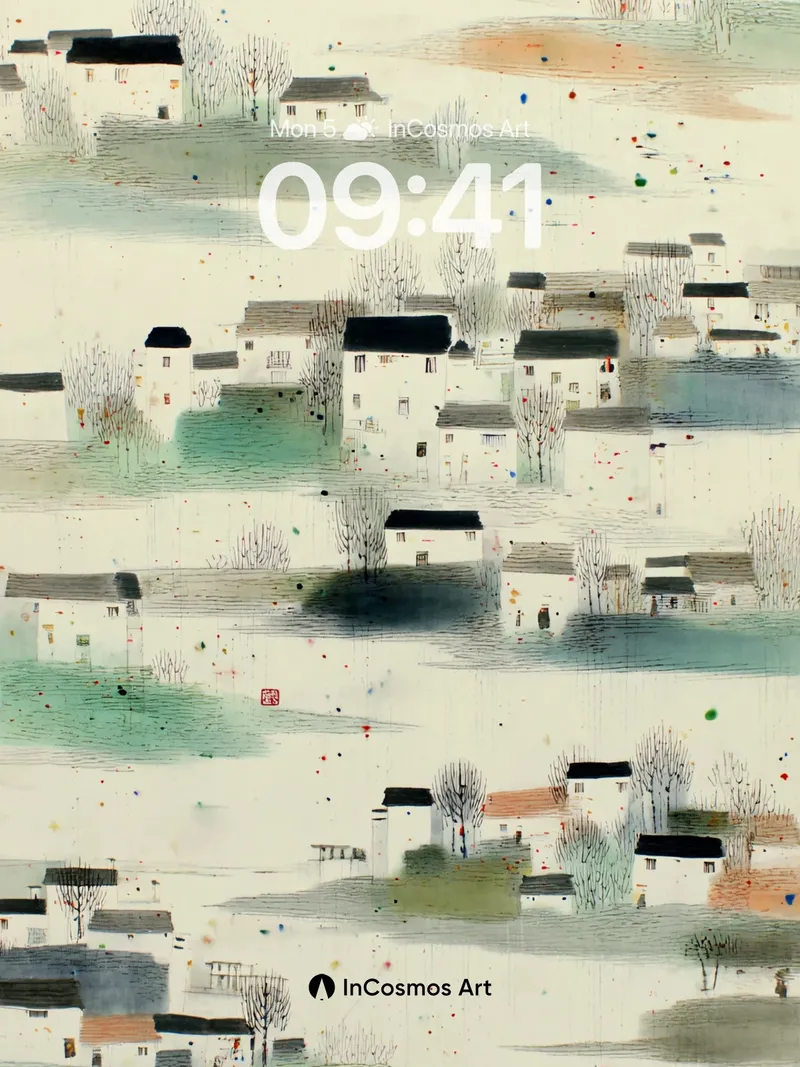 Serene Village Landscape Wallpaper with Soft Hues