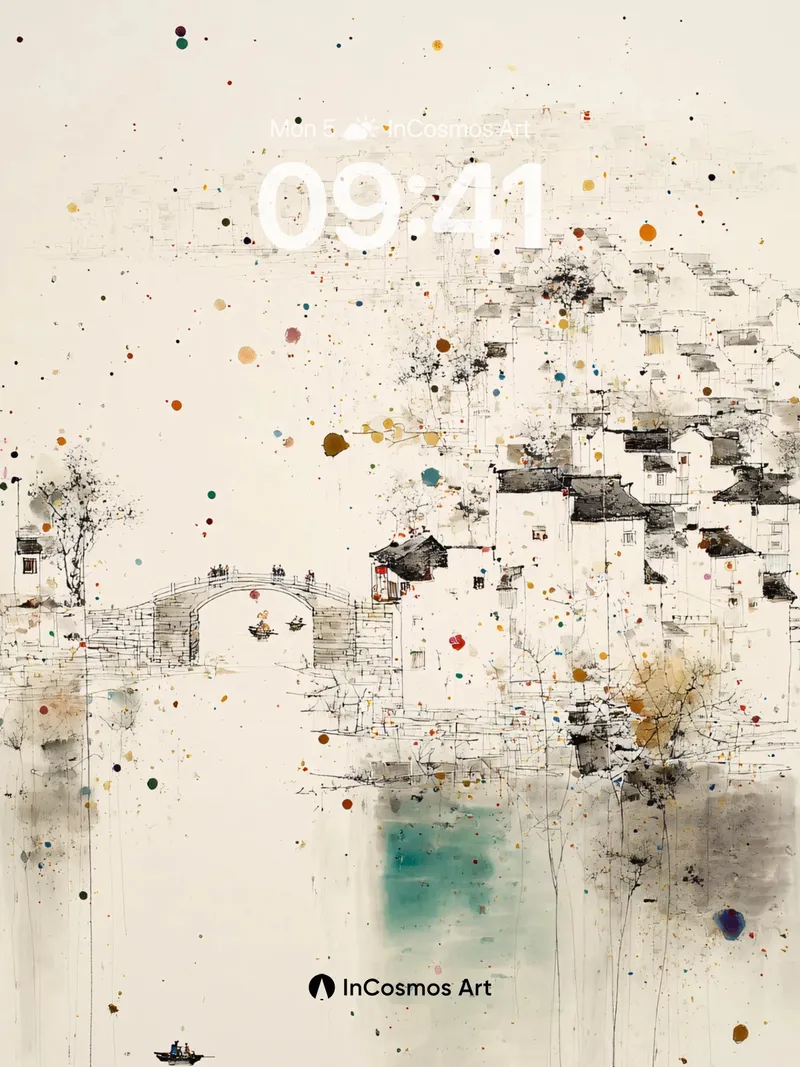 Serene Ink Village Wallpaper with Abstract Splatter