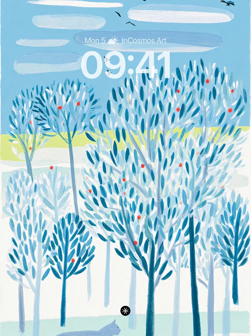 Serene Winter Forest Wallpaper with Blue Tones and Wildlife