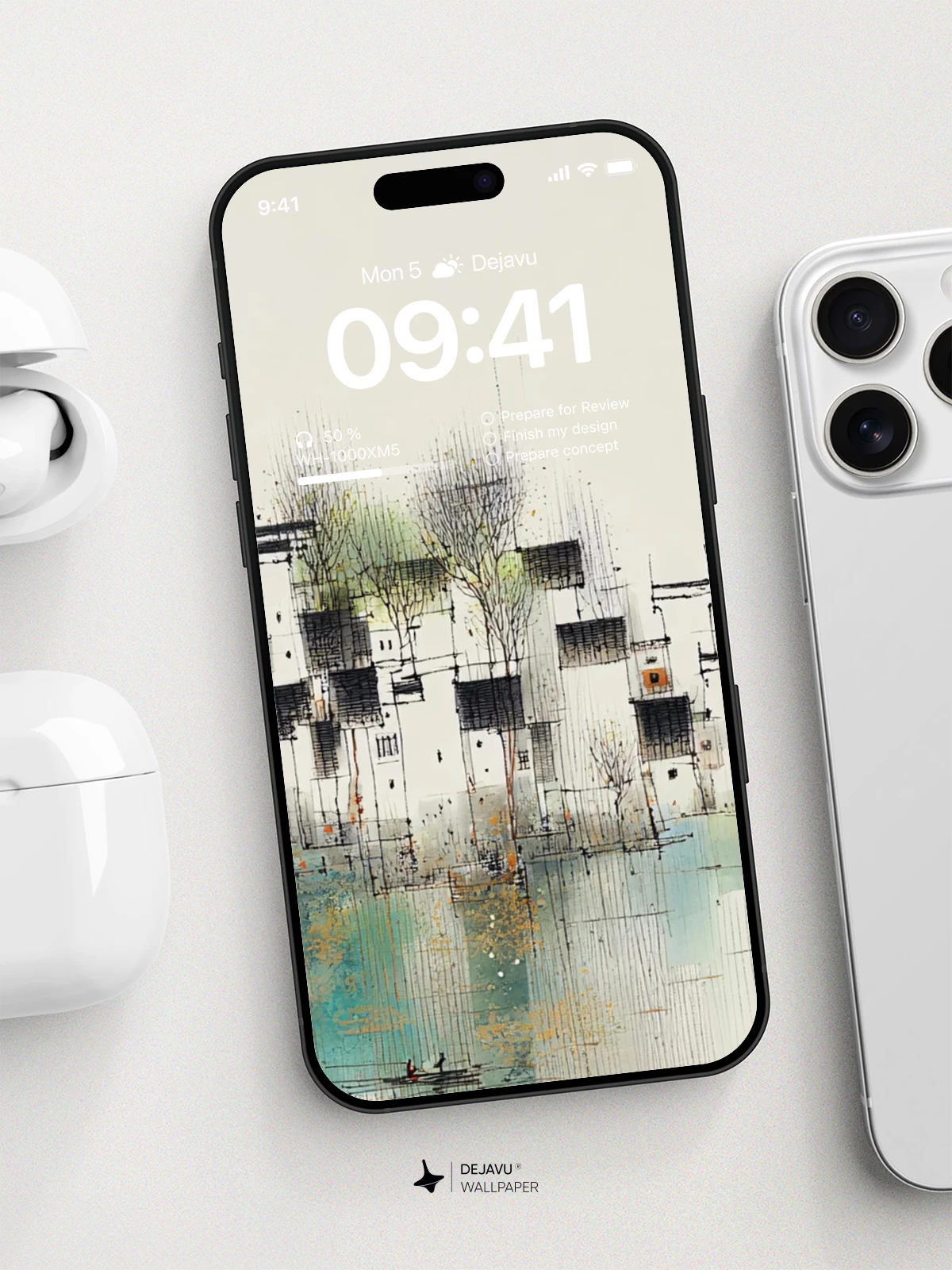 Wu Guanzhong Style Chinese Village Ink Wallpaper 8K