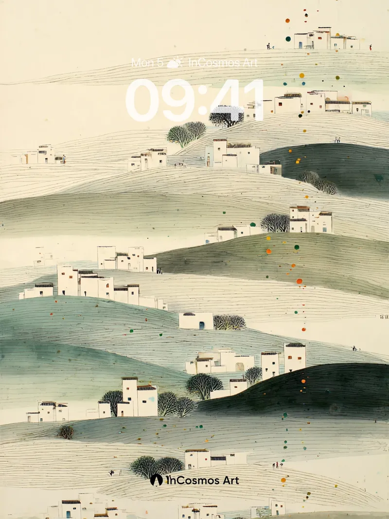 Serene Hillside Village Wallpaper with Dot Rain