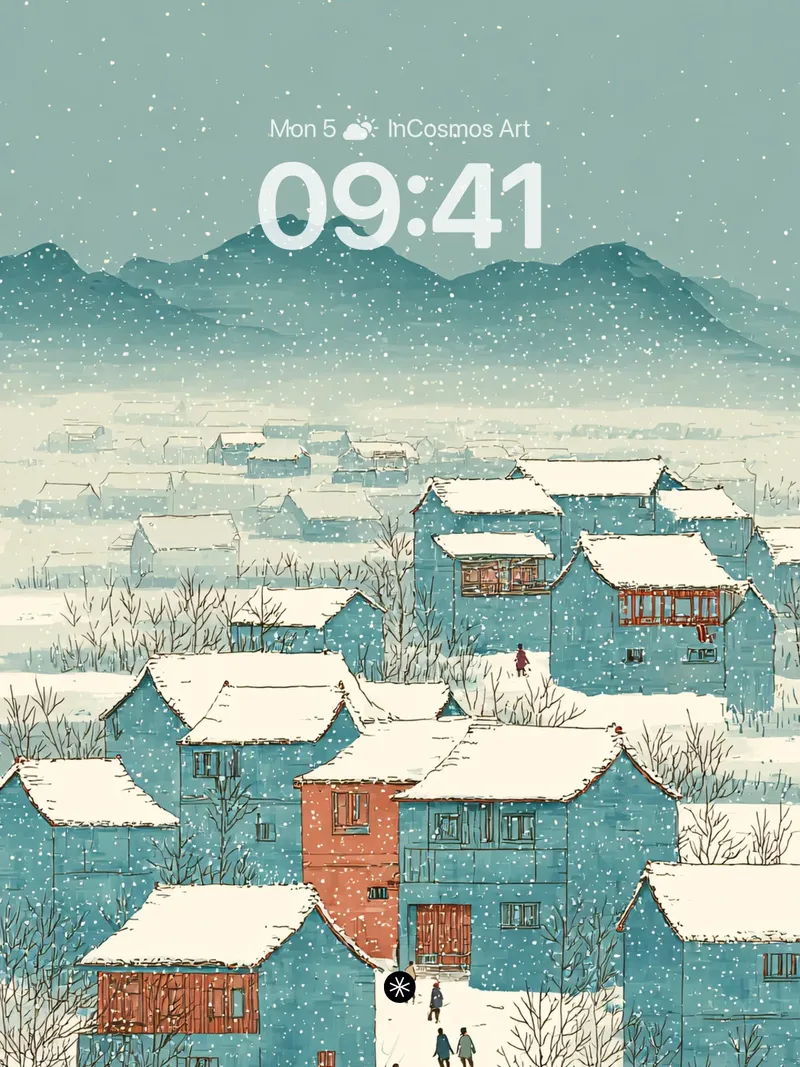 Serene Snowfall Village Winter Wallpaper