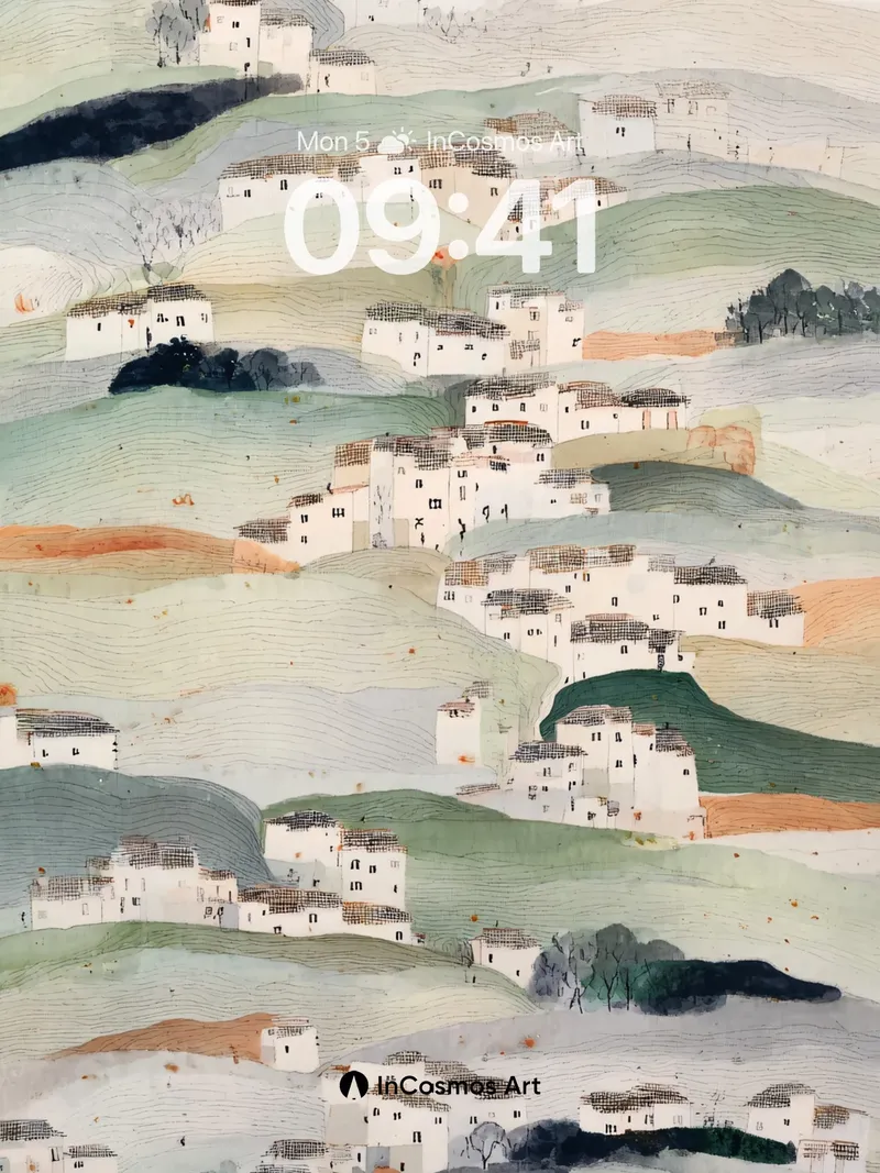 Layered Village Hills Wallpaper in Soft Haze