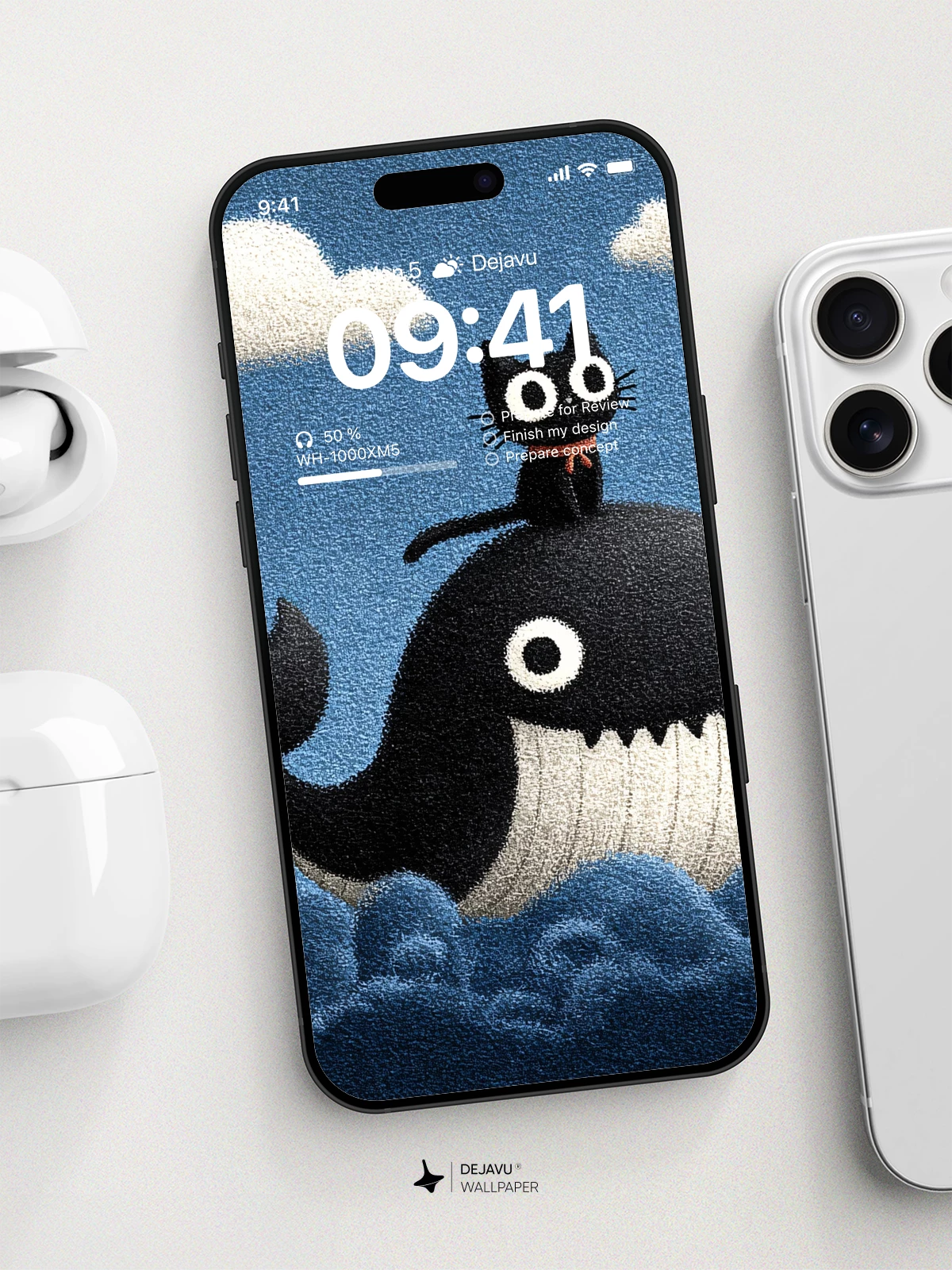 Whimsical Whale and Cat Wallpaper 8K