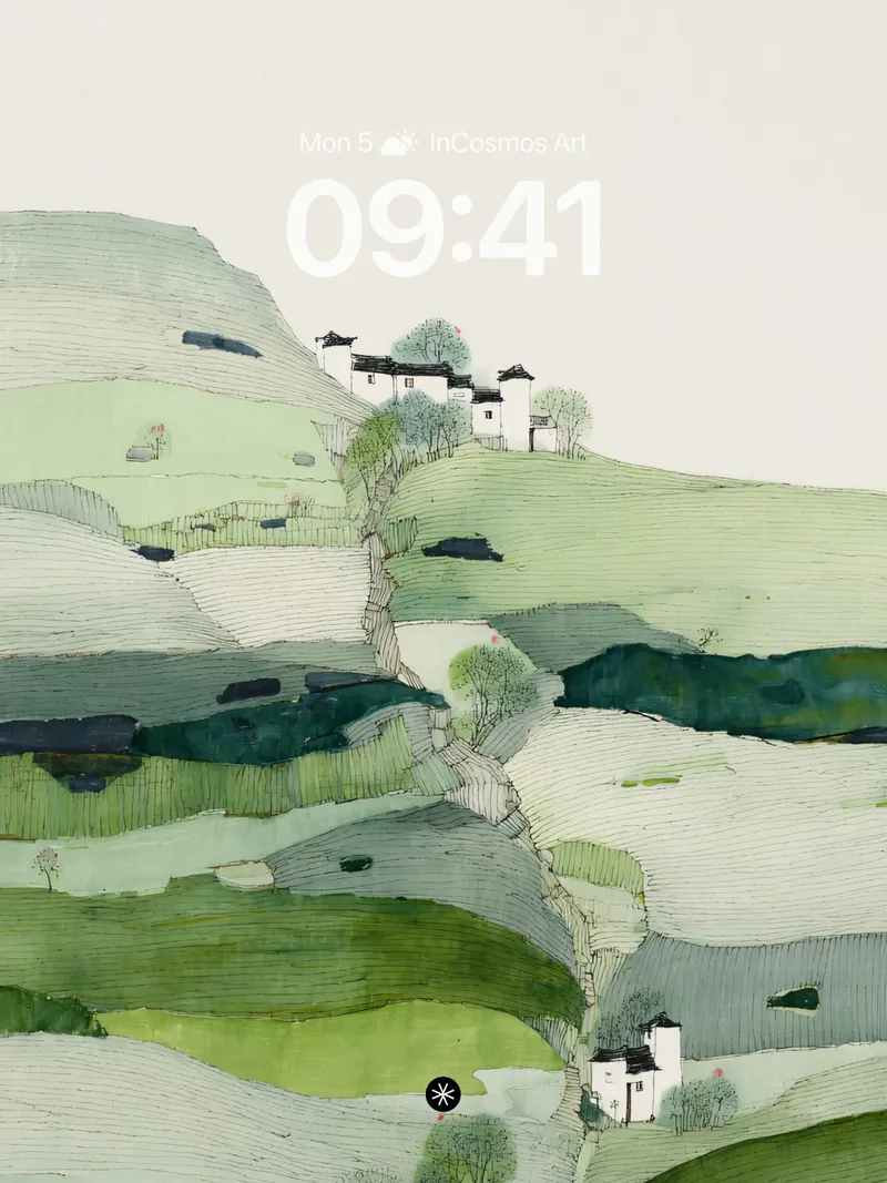 Tranquil Terraces Ink Wash Wallpaper with Whispering Hills