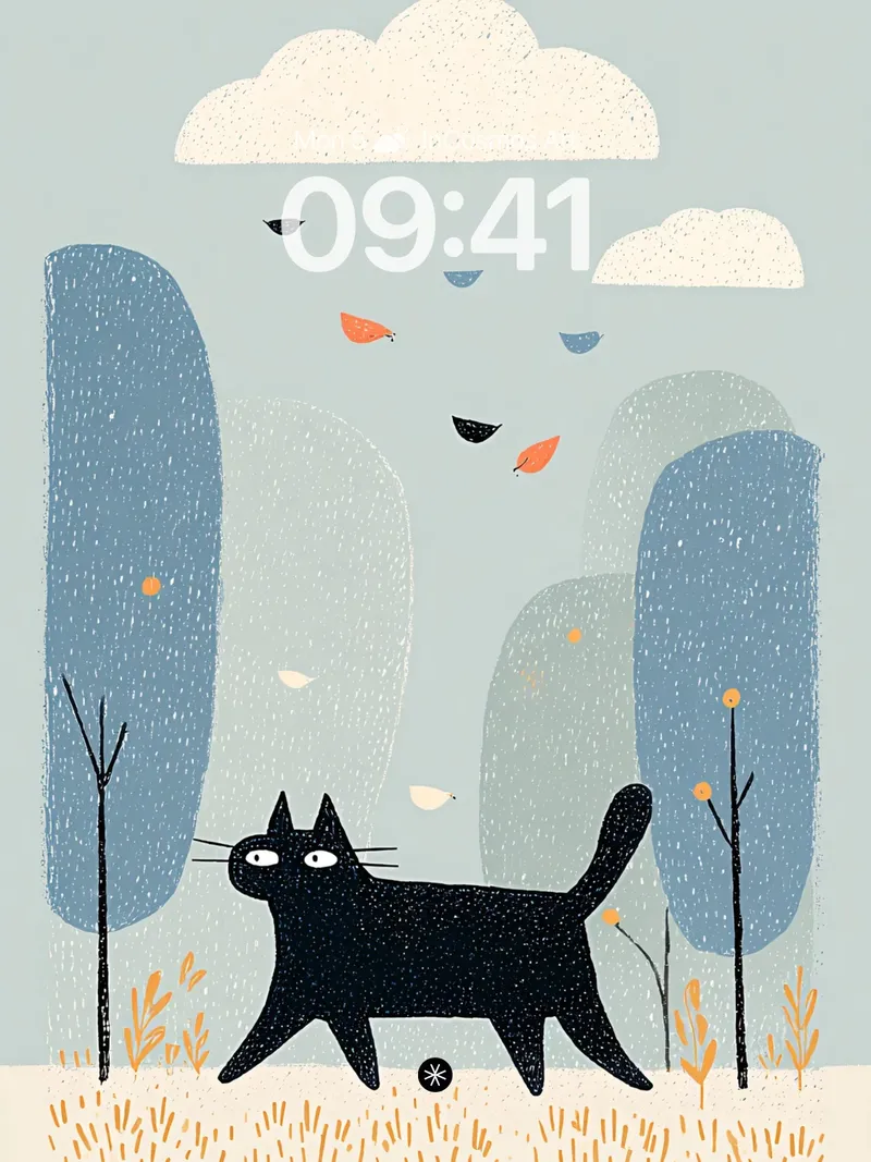Whimsical Forest Cat Silhouette Background