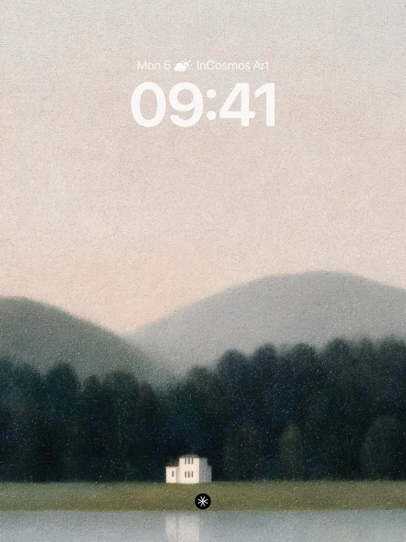 Serene Mist Lake Wallpaper with Distant Cottage