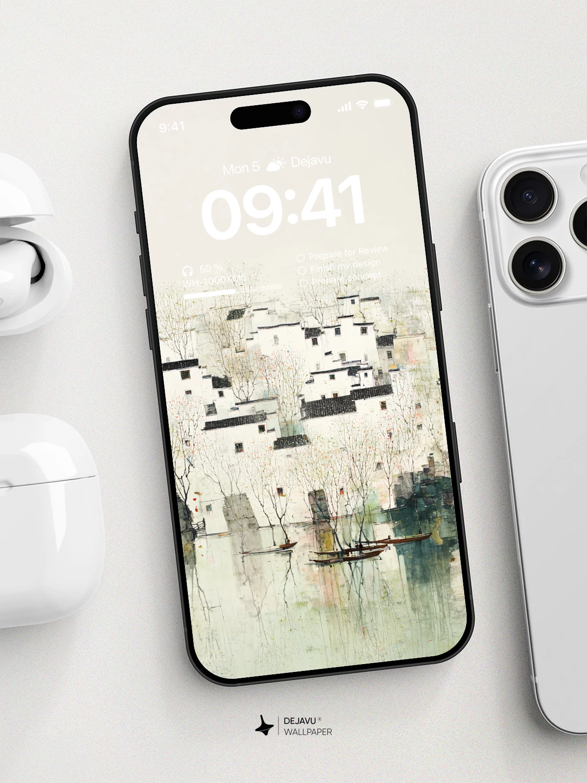 Wu Guanzhong Style Chinese Ink Village 8K Wallpaper