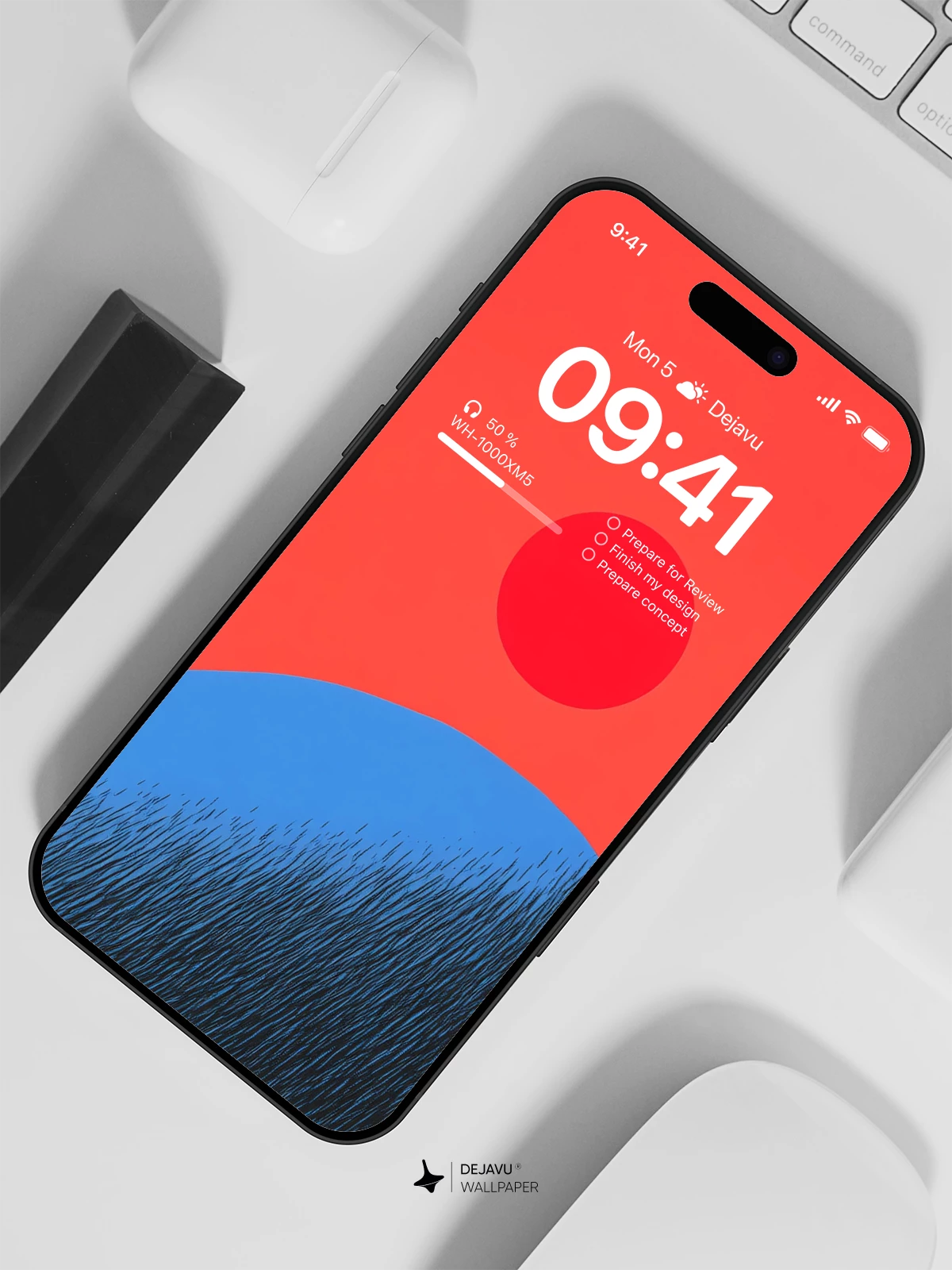 Red Sun Blue Hill Minimalist Wallpaper 4K for iPhone Lock Screen