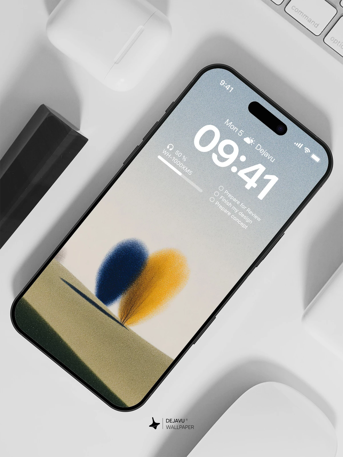 Minimal Blue Yellow Tree Wallpaper 4K for iPhone Lock Screen