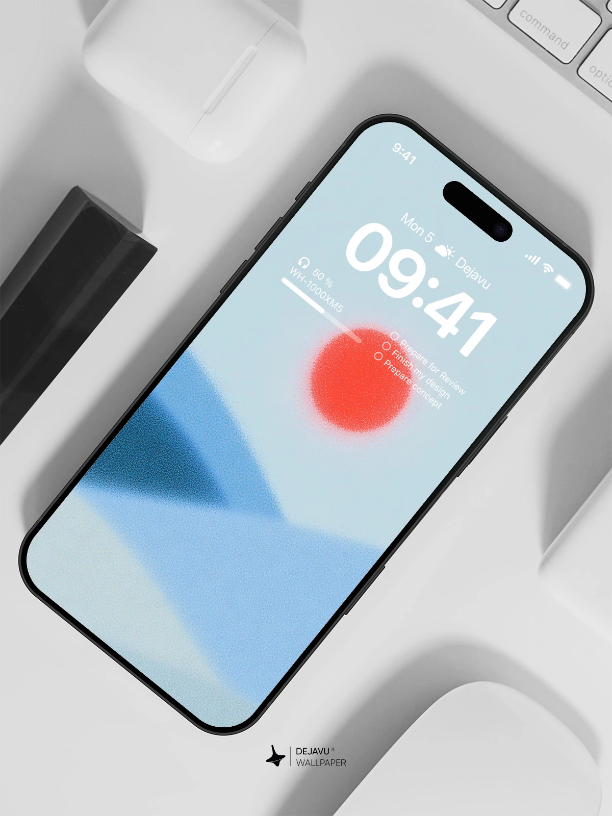 Minimalist Blue Hills and Red Sun Wallpaper 4K for iPhone Lock Screen