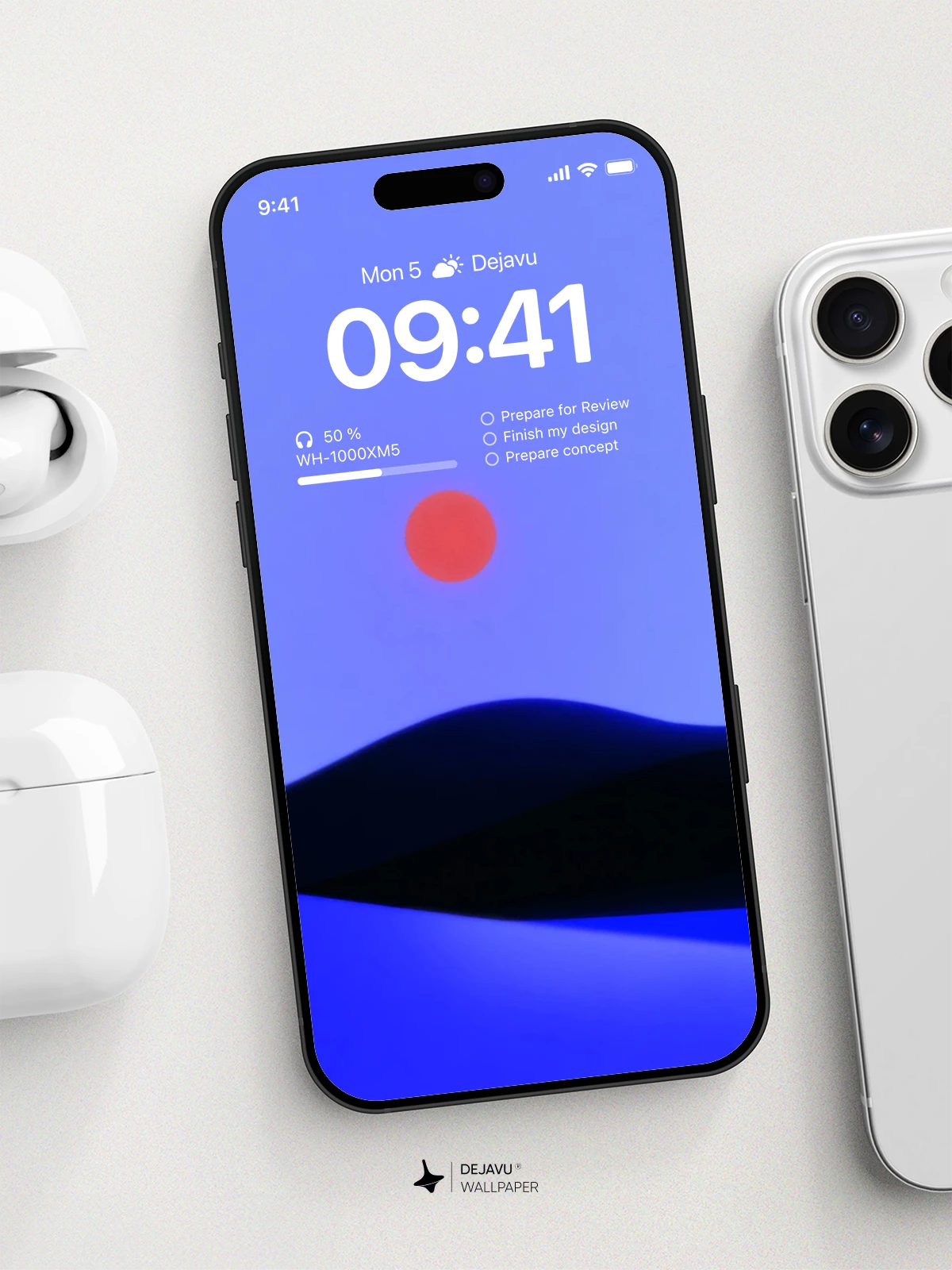 Minimalist Red Sun and Blue Hills Wallpaper 4K for iPhone Lock Screen
