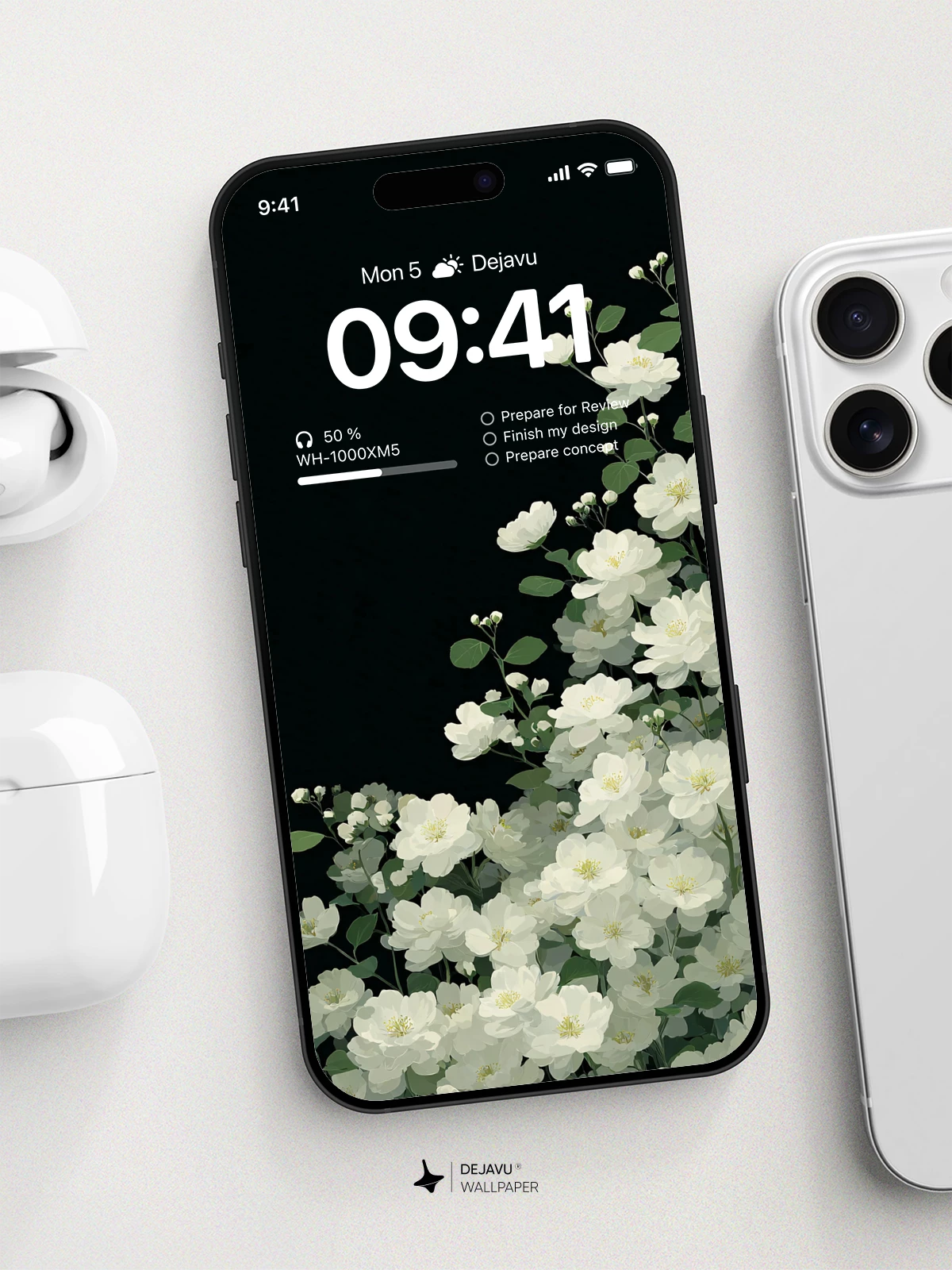 White Jasmine Flowers Black Background Wallpaper 4K for iPhone Lock Screen