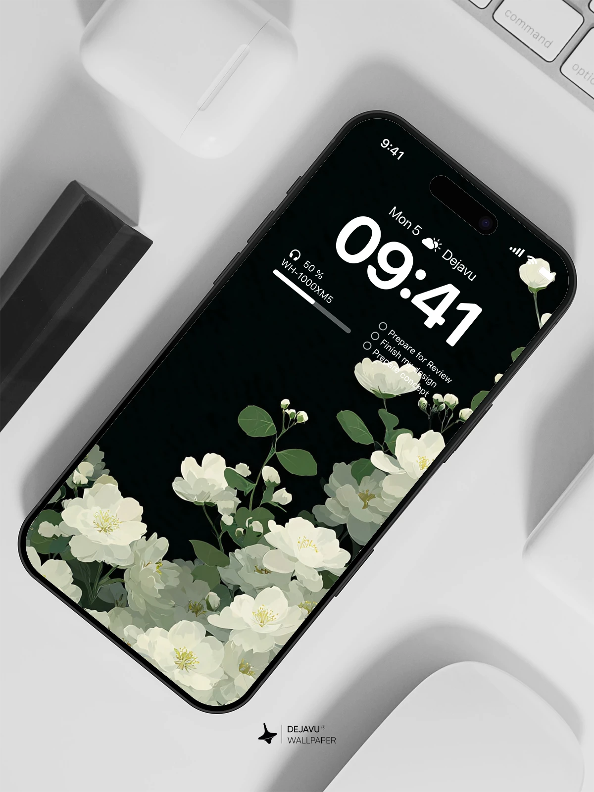 White Jasmine Flowers Black Background Wallpaper 4K for iPhone Lock Screen