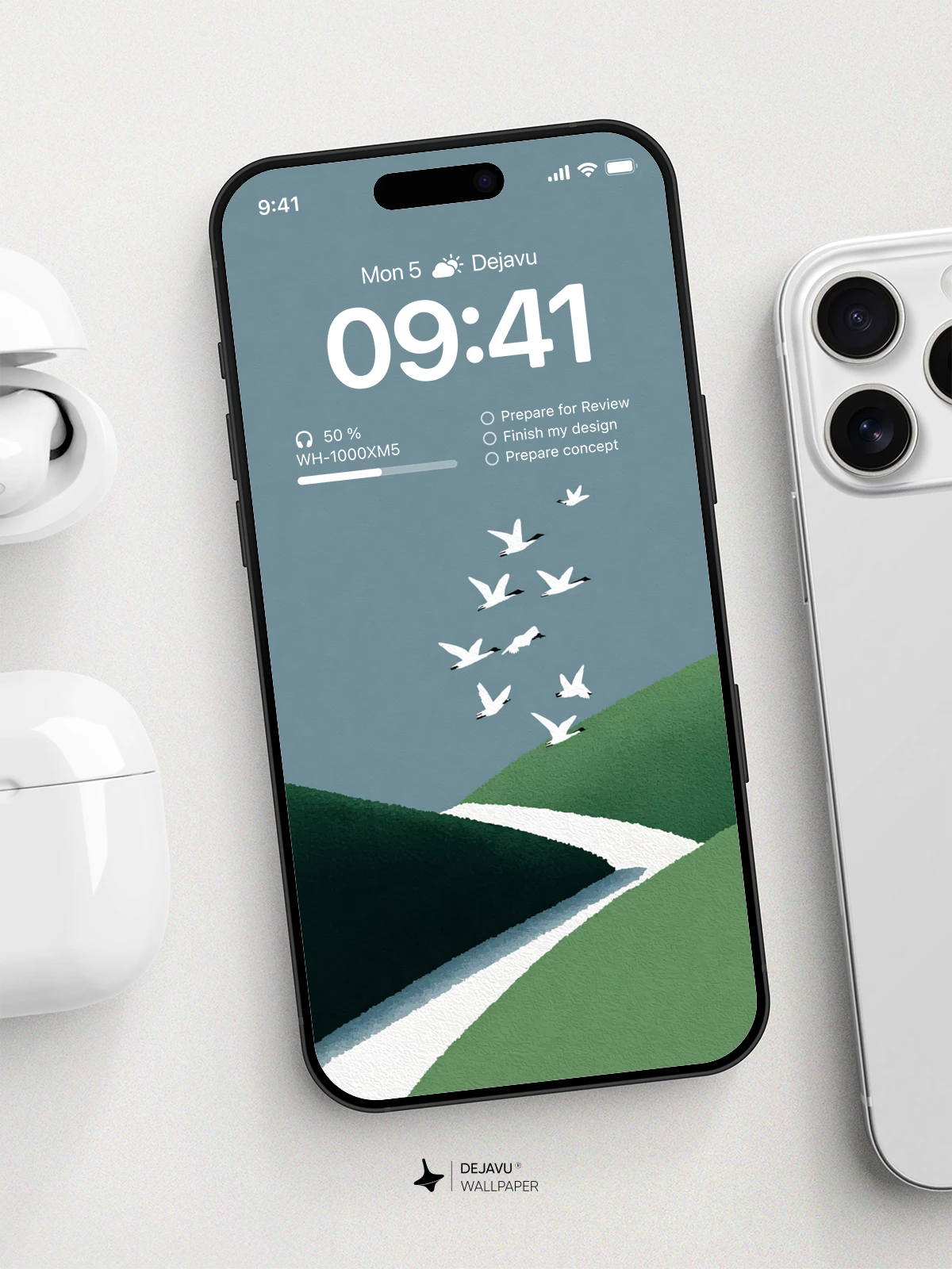 Minimalist Green Hills and Birds Wallpaper 4K for iPhone Lock Screen