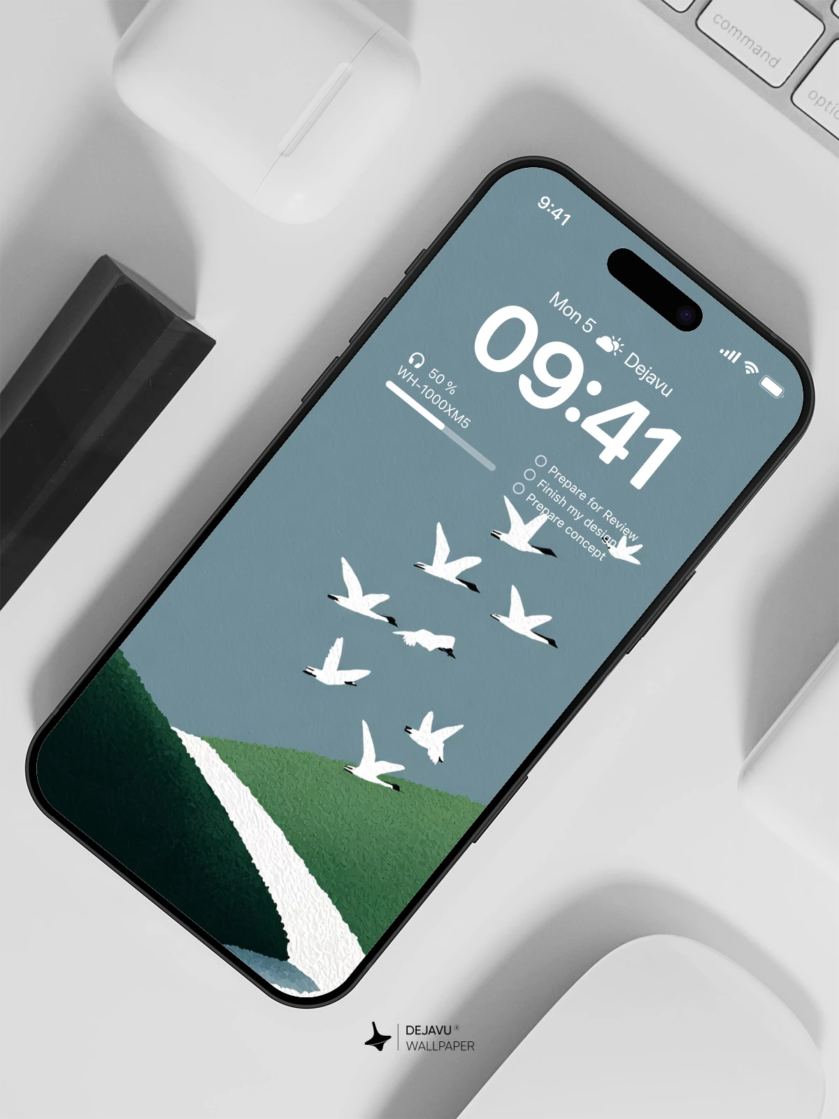 Minimalist Green Hills and Birds Wallpaper 4K for iPhone Lock Screen