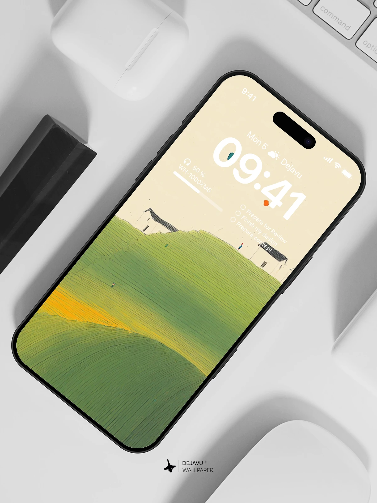 Minimalist Green Hillside Houses Wallpaper 4K for iPhone Lock Screen