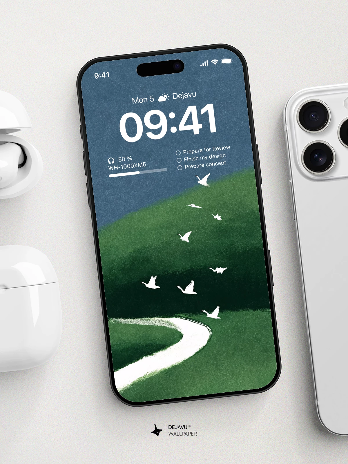 Minimal Green Hill and Birds Wallpaper 4K for iPhone Lock Screen