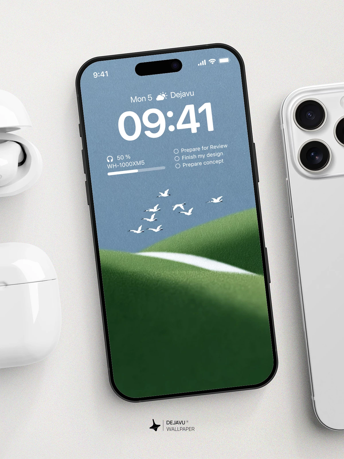 Green Hills with White Birds Wallpaper 4K for iPhone Lock Screen
