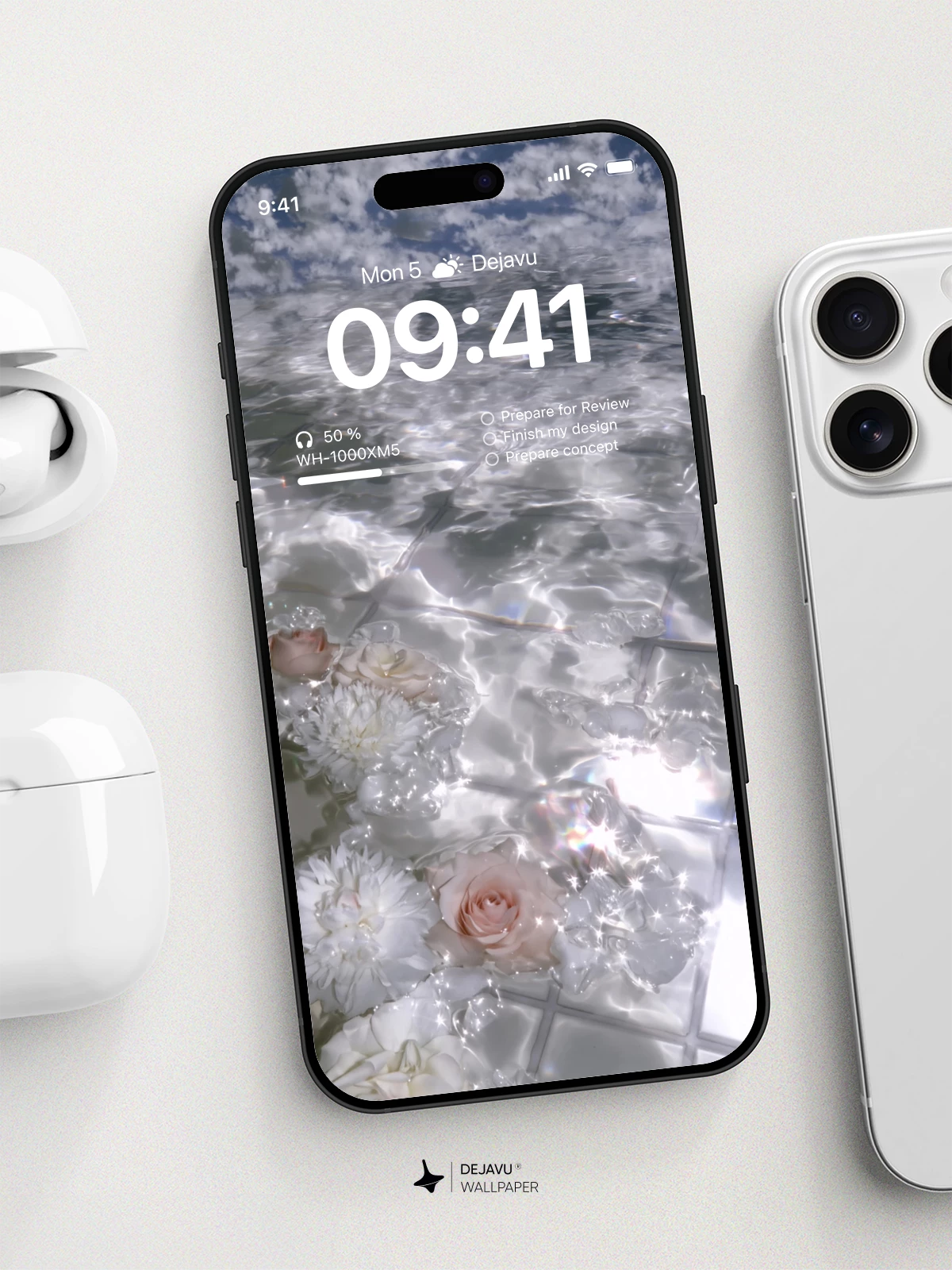White Flowers Water Reflection Wallpaper 4K for iPhone Lock Screen
