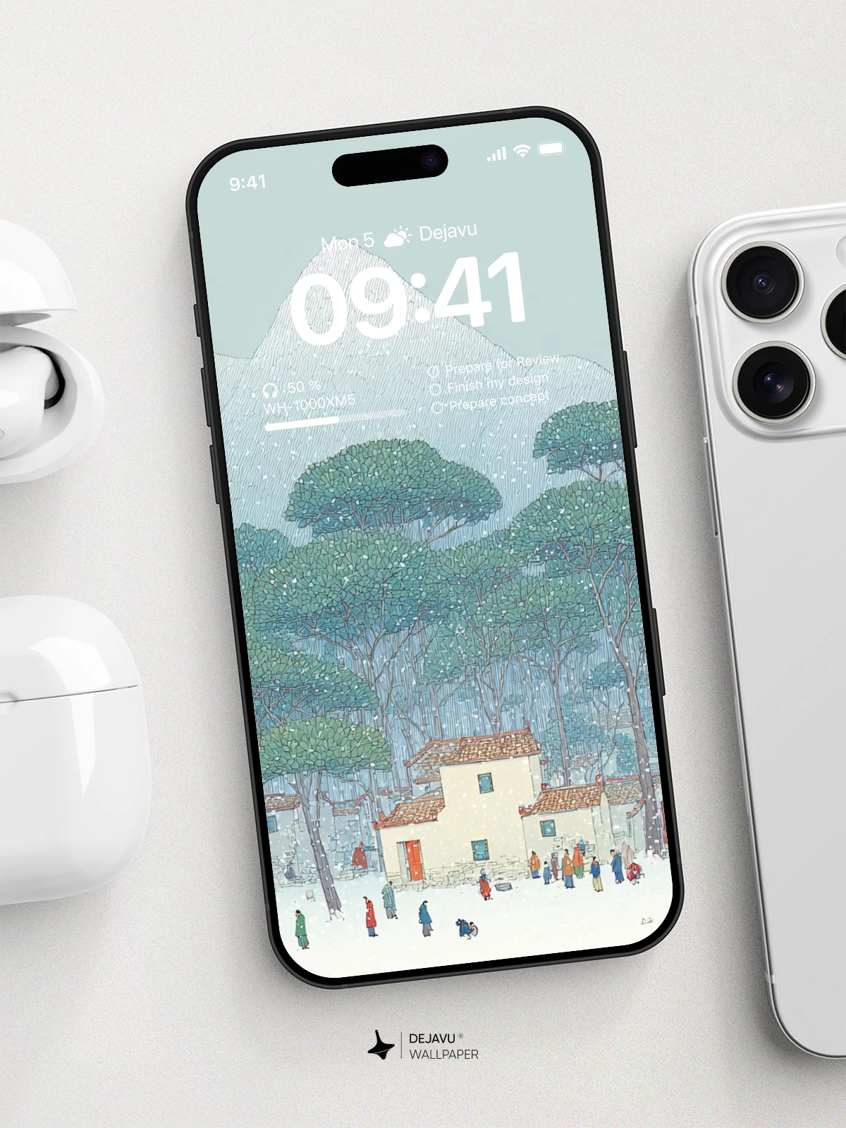Snowy Mountain Village Illustration Wallpaper 4K for iPhone Lock Screen