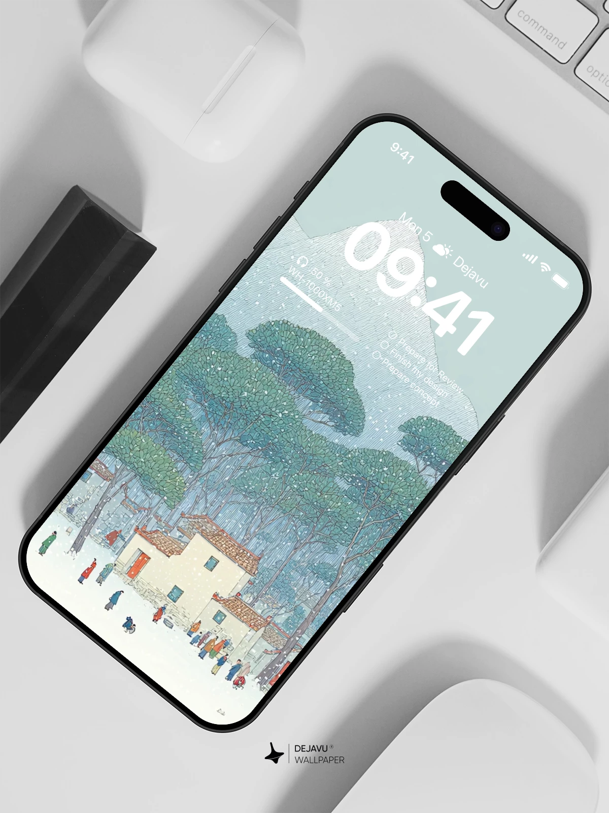 Snowy Mountain Village Illustration Wallpaper 4K for iPhone Lock Screen