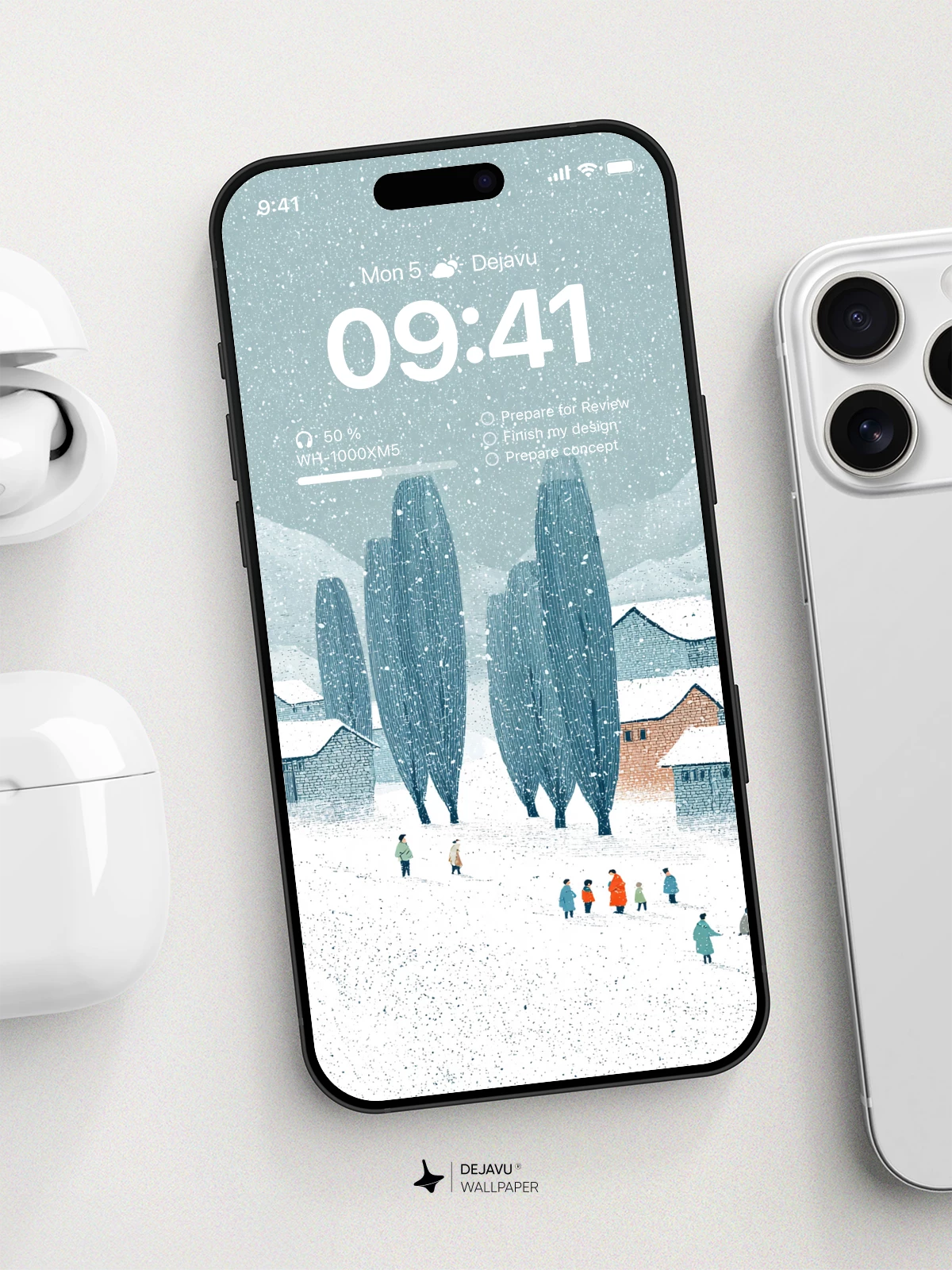 Winter Snow Village Illustration Wallpaper 4K for iPhone Lock Screen